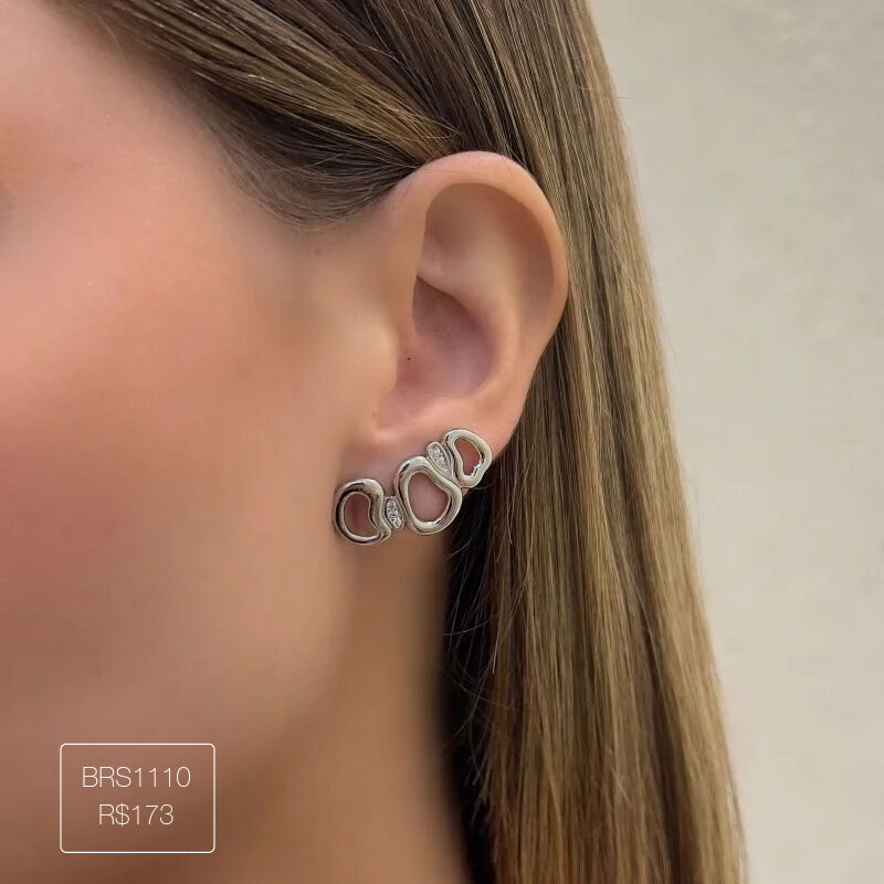 Brinco Triplo Orvalho Organico Com 5 Zircs Mon Amour Prateado